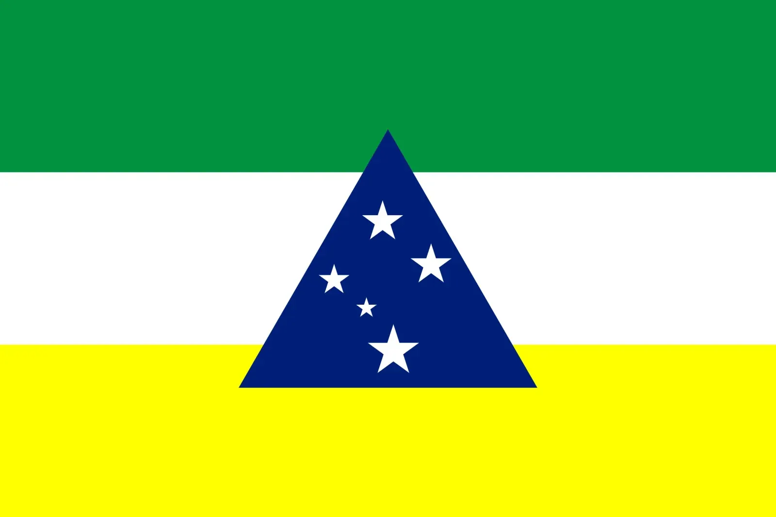 Bandeira de Tefé: faixas horizontais verde, branca e amarela com um triângulo azul-escuro ao centro contendo cinco estrelas brancas