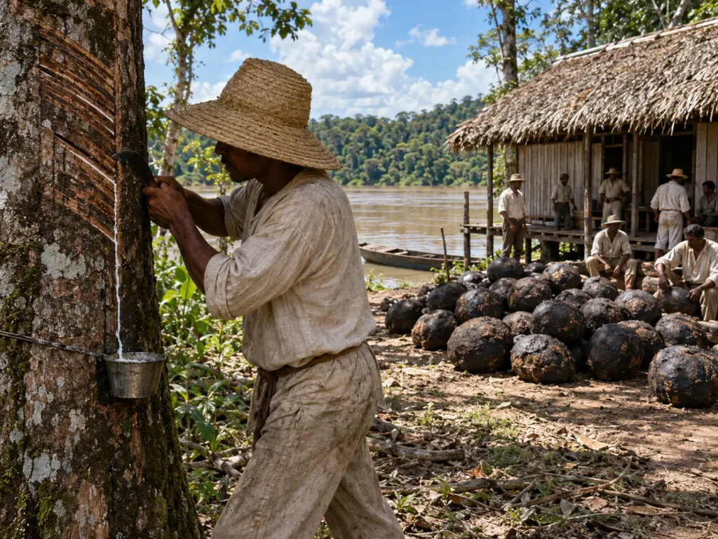 Seringueiro de chapéu de palha fazendo cortes no tronco de uma seringueira, com o látex escorrendo para a tigelinha; ao fundo, à beira do rio barrento, um barracão coberto de palha e pelas de borracha defumada empilhadas no chão