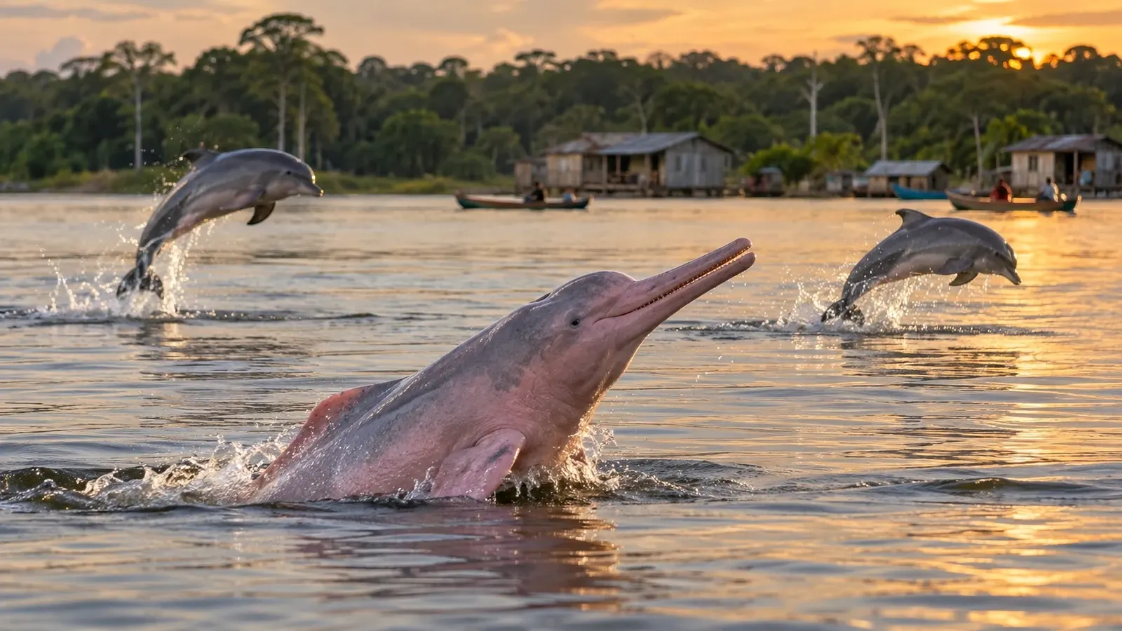 Boto-vermelho cor-de-rosa emergindo no lago ao entardecer, com dois tucuxis cinzentos saltando atrás e casas de madeira e canoas ao fundo
