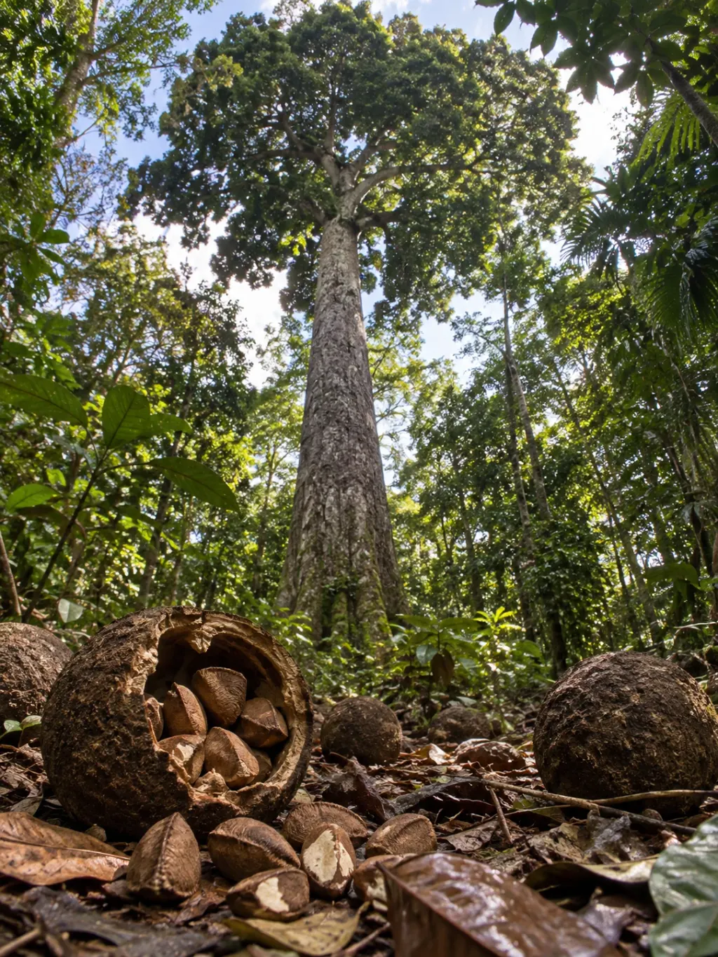 Castanheira-do-brasil gigante vista de baixo, com o tronco reto subindo acima da floresta, e no chão, em primeiro plano, ouriços caídos, um deles aberto com as castanhas dentro