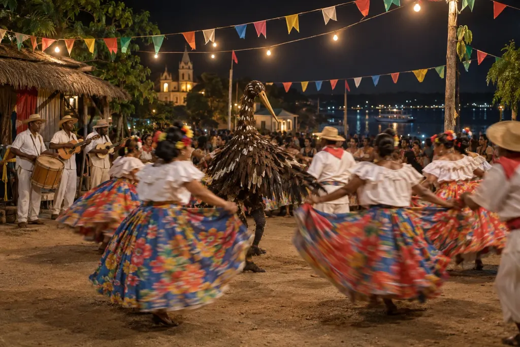Roda de ciranda à noite, com dançarinas de saias de chita rodando, um brincante fantasiado de carão, ave marrom de bico longo, no centro, músicos de chapéu com tambor e violão, bandeirinhas e o lago iluminado ao fundo