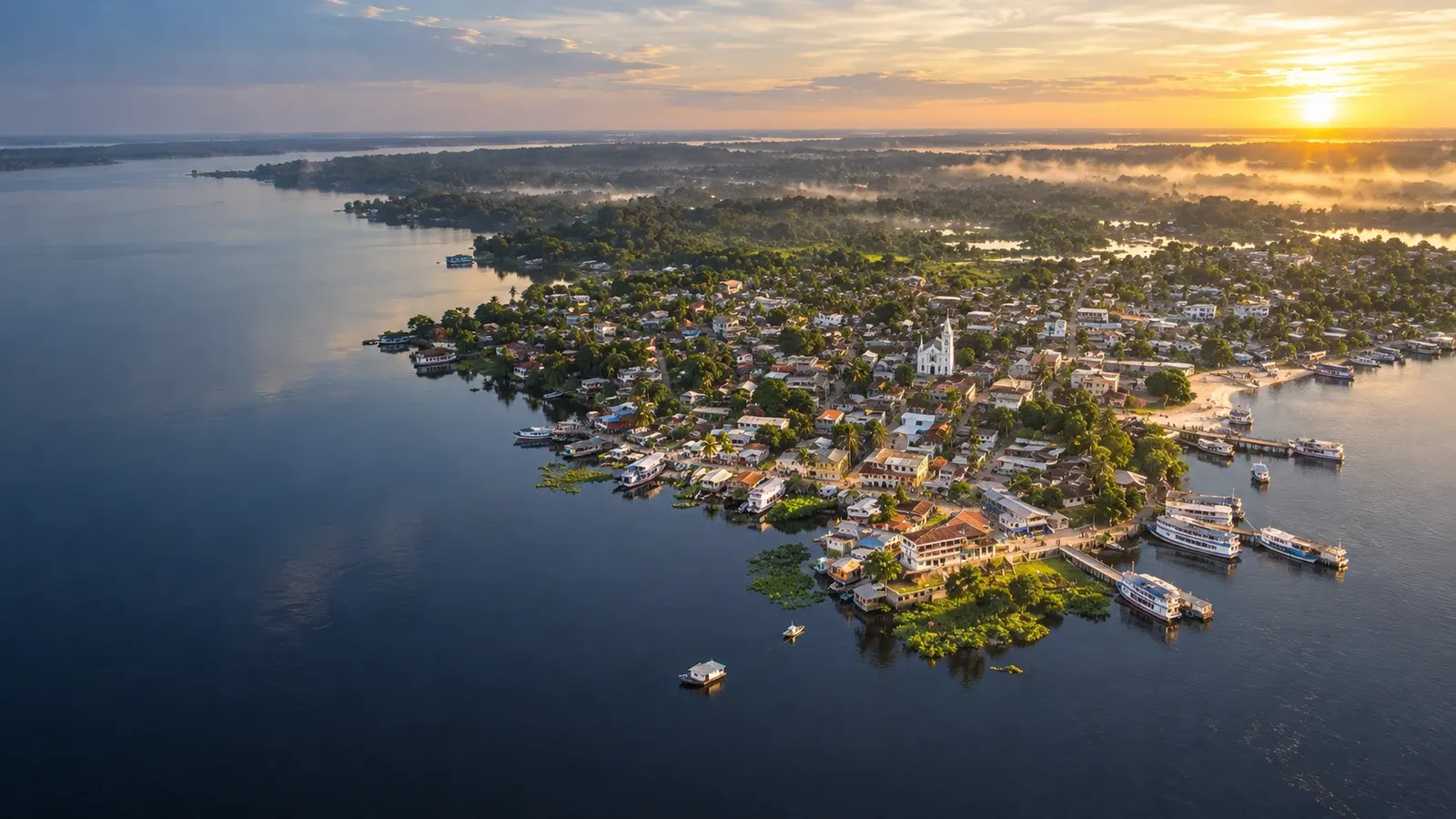 Vista aérea fotorrealista da cidade de Tefé numa península à beira do lago, ao amanhecer, com a torre branca da catedral, barcos regionais no porto e névoa sobre a floresta ao fundo