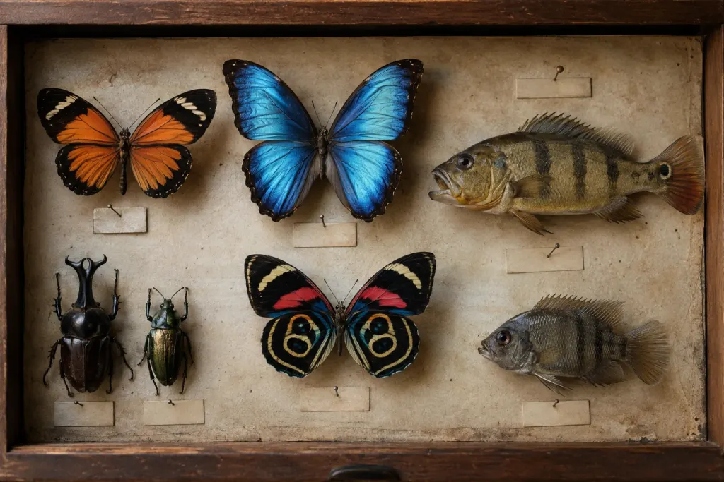 Gaveta de madeira de coleção de história natural com três borboletas amazônicas alfinetadas, uma laranja, uma azul e uma com anéis nas asas, dois besouros e dois peixes conservados, cada um com etiqueta em branco