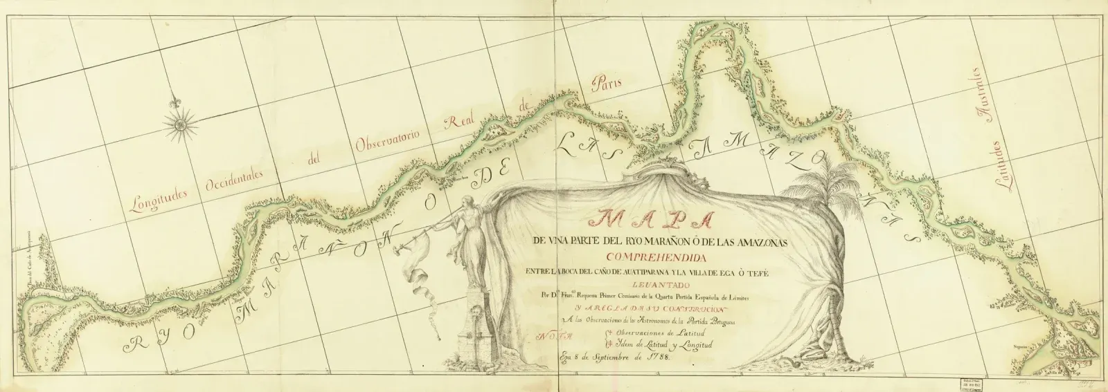 Mapa manuscrito colonial em aquarela do rio Amazonas serpenteando entre ilhas, com uma grande cartela ilustrada ao centro