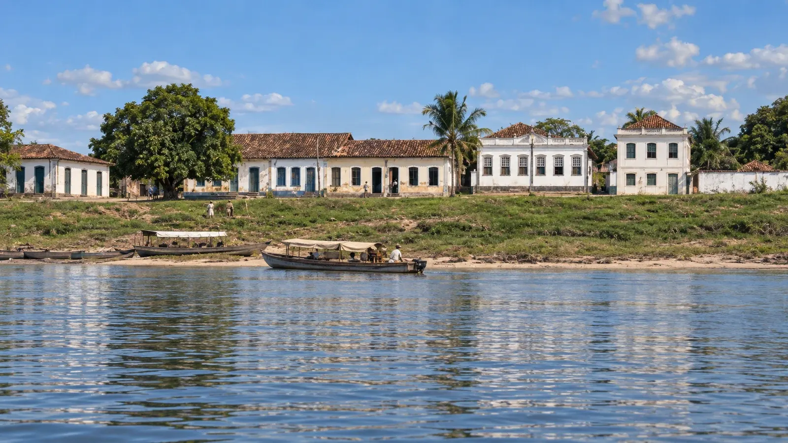 Imagem colorida da frente da cidade vista do lago: casas térreas e sobrados caiados de telhado de telha sobre um barranco gramado, uma árvore grande, uma palmeira e um barco na água