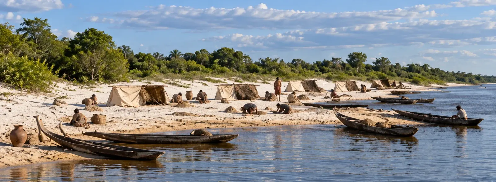 Imagem colorida de uma praia de rio na vazante com abrigos em fila, famílias cavando a areia e canoas compridas na água
