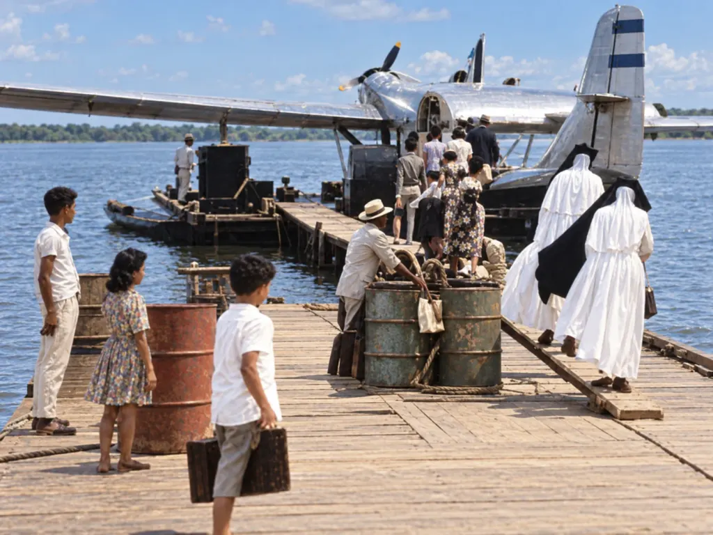 Imagem colorida de uma balsa de madeira no porto com um hidroavião prateado atracado, tambores de combustível, crianças olhando e duas freiras de hábito branco embarcando