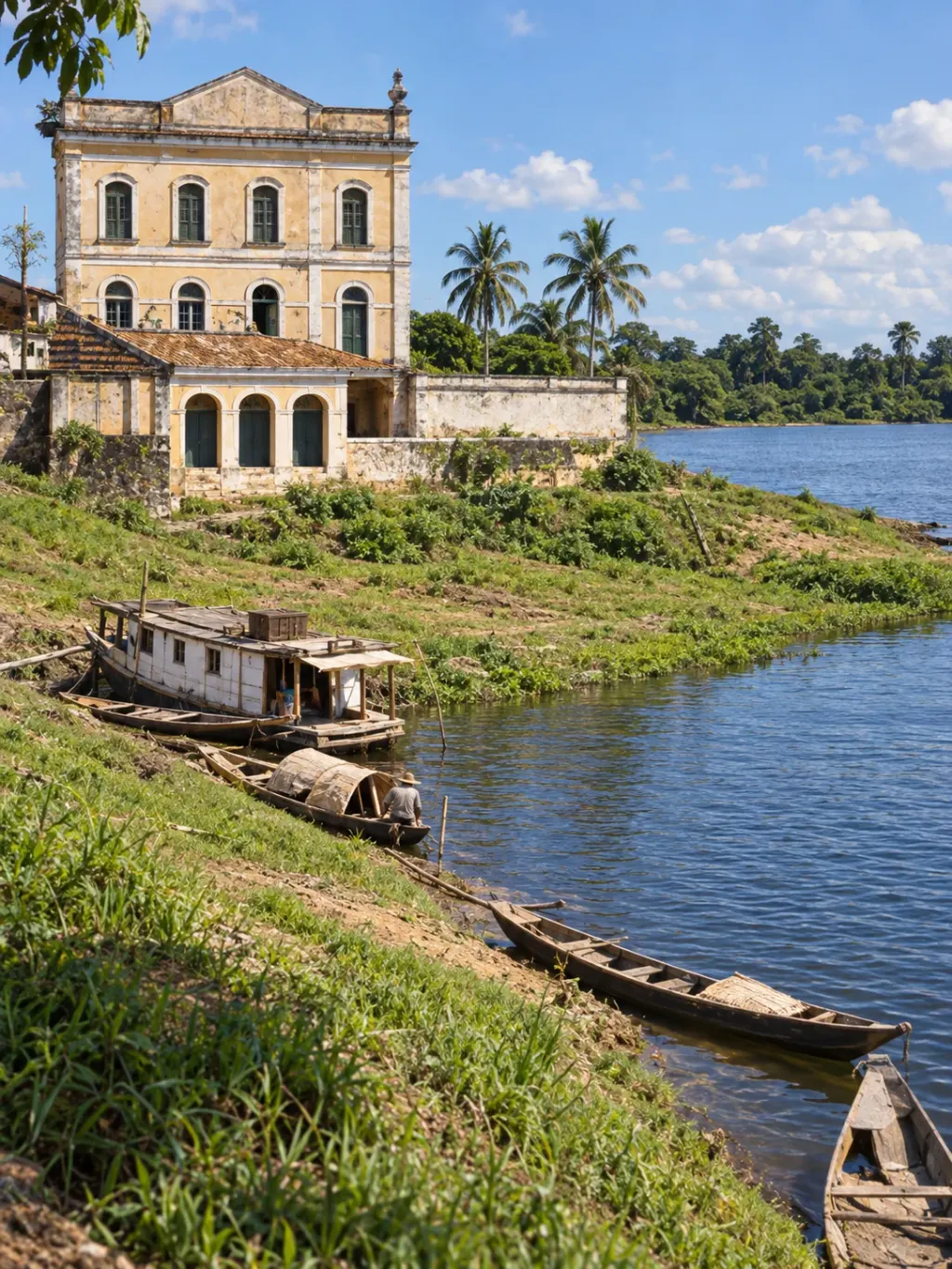 Imagem colorida de um sobrado amarelo de três andares no alto do barranco, com palmeiras, e um barco coberto e canoas atracados na margem do lago