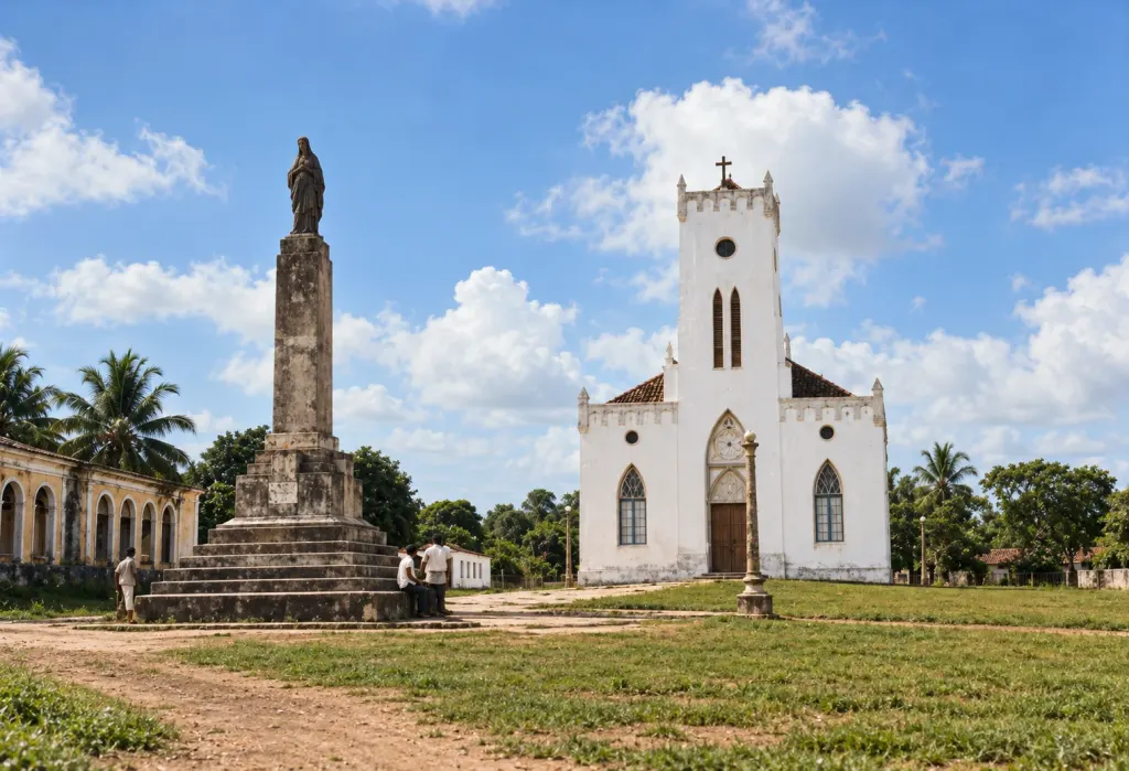 Imagem colorida da praça com um monumento alto sobre pedestal e a igreja caiada de torre única com janelas ogivais