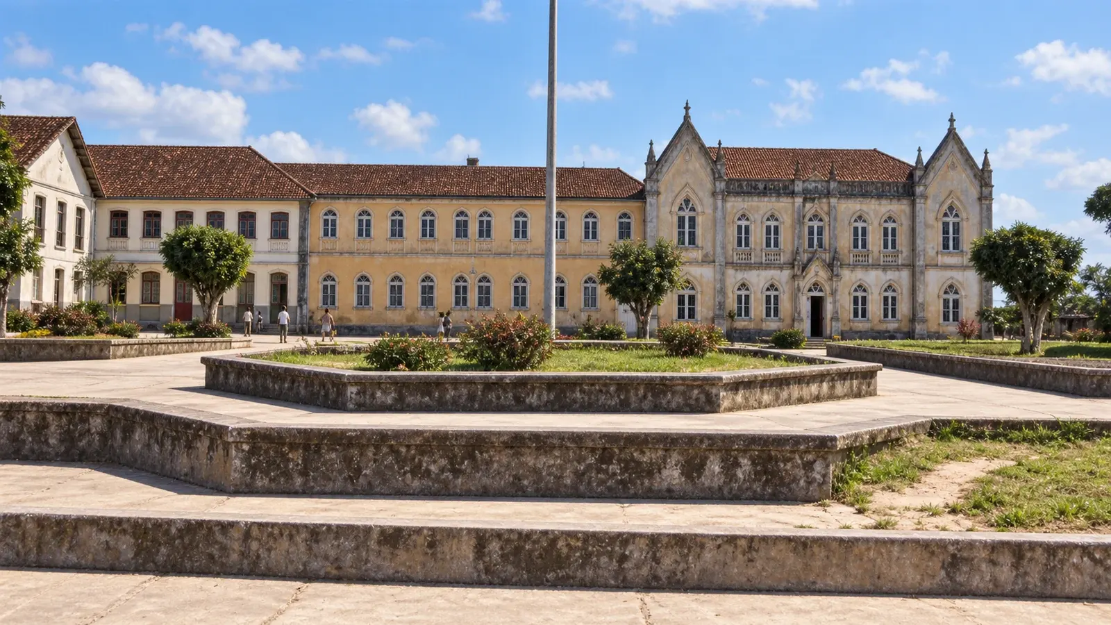 Imagem colorida de uma praça com canteiros octogonais de alvenaria e um mastro, diante de um grande conjunto de prédios de dois andares com frontões pontiagudos