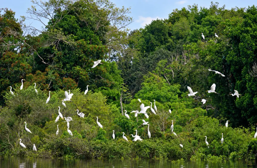 Imagem colorida de um bando de garças brancas voando e pousadas nas copas da floresta alagada