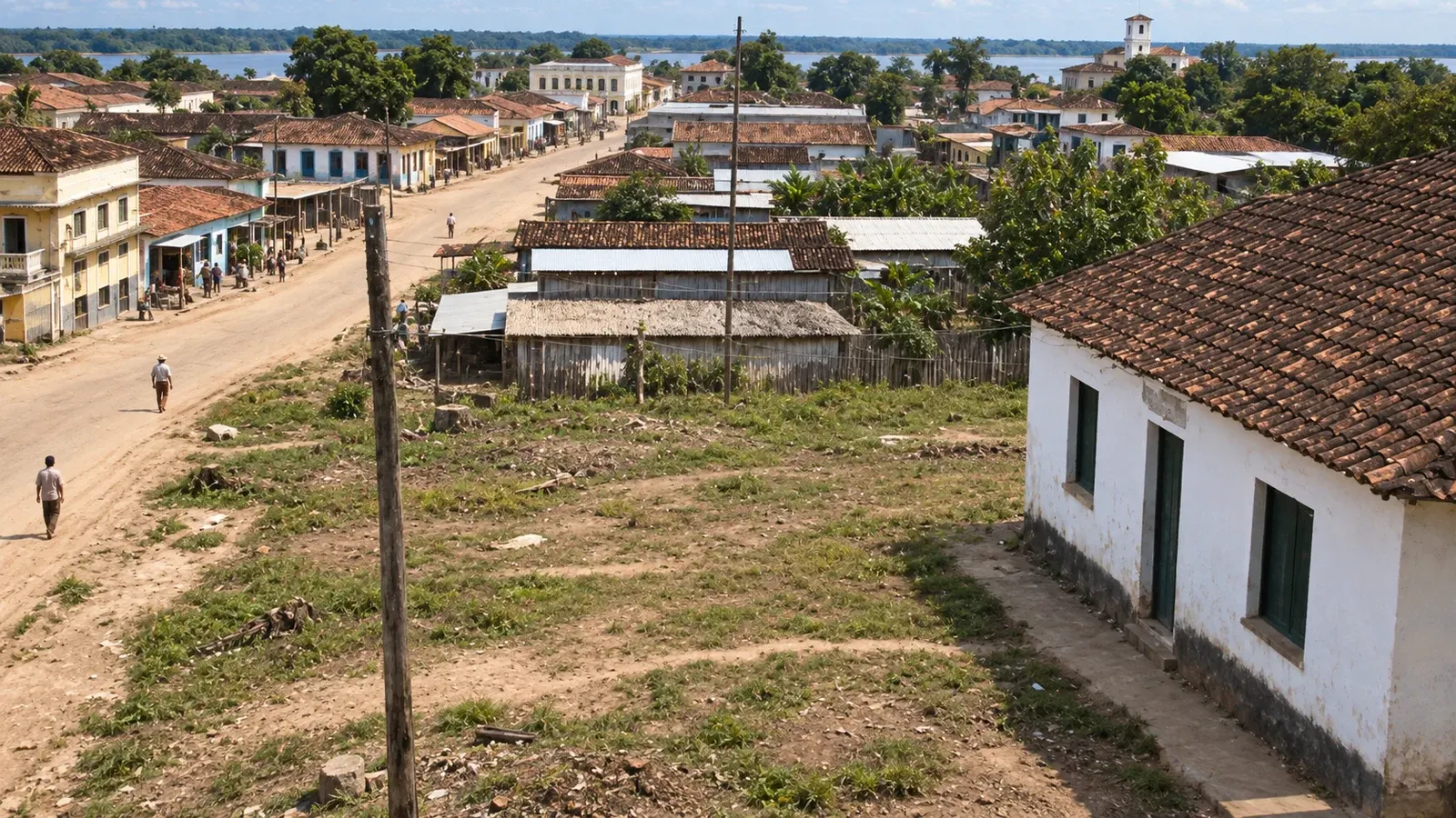 Imagem colorida vista do alto de uma rua larga de terra com poste de madeira, casas comerciais e sobrados, e uma casa branca de esquina em primeiro plano