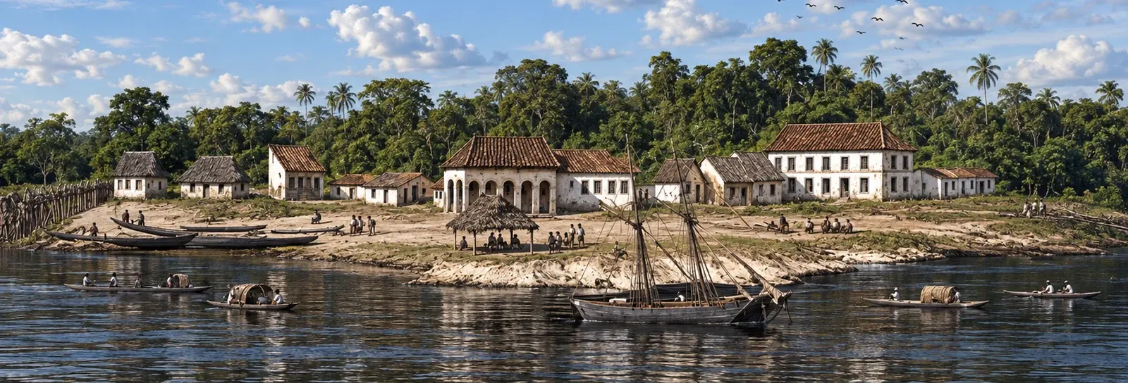 Imagem colorida da vila de Ega vista do lago no século XIX: casas caiadas de telha e palha, um sobrado, um abrigo redondo de palha na praia, uma embarcação à vela e canoas na água escura